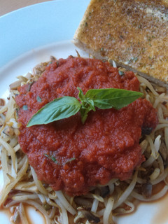 A picture of Vickys Bean Sprout 'Pasta' and Marinara Sauce GF DF EF SF NF.