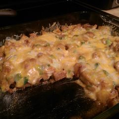 A picture of Buffalo chicken loaded baked potato casserole.