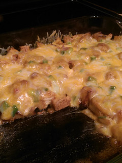 A picture of Buffalo chicken loaded baked potato casserole.