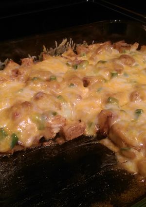 A picture of Buffalo chicken loaded baked potato casserole.