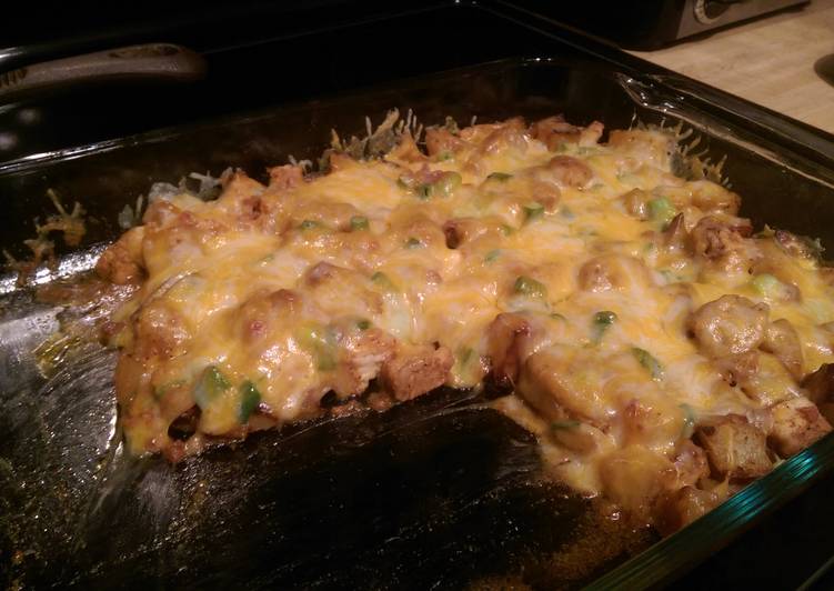 Award-winning Buffalo chicken loaded baked potato casserole