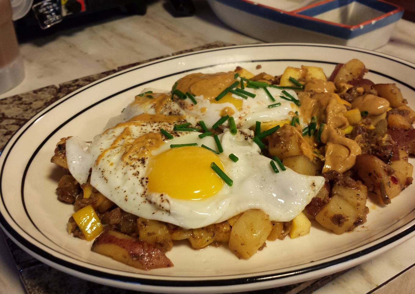Chorizo Hash with Over Easy Eggs