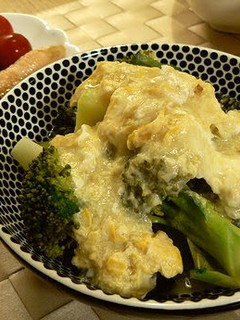 A picture of Broccoli with Fluffy Omelette and Ankake Sauce.