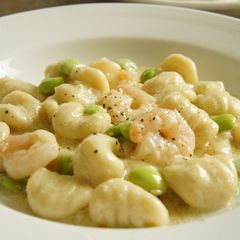 A picture of Okara Gnocchi with Prawn and Soy Milk Cream Sauce.