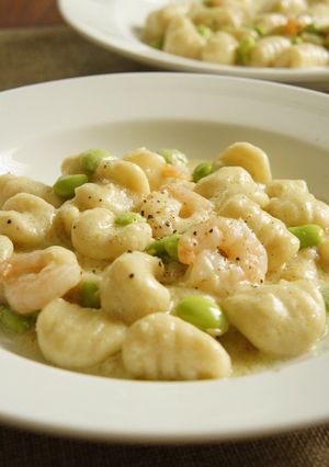 A picture of Okara Gnocchi with Prawn and Soy Milk Cream Sauce.