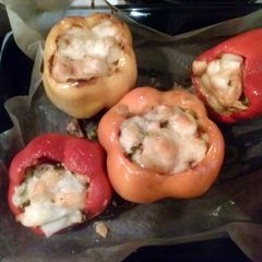 A picture of Shrimp,Scallop and mushroom stuffed Peppers.