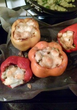 A picture of Shrimp,Scallop and mushroom stuffed Peppers.