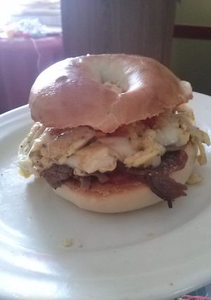A picture of Dean's Kick-Ass Egg, Steak, And Cheese Bagel..