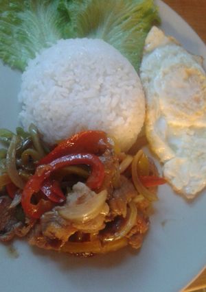A picture of Mhu pad prik rad kowe, stir fry pork in on rice.