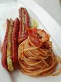 Hotdog And Green Bean With Kimchi Spaghetti