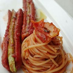 A picture of Hotdog And Green Bean With Kimchi Spaghetti.