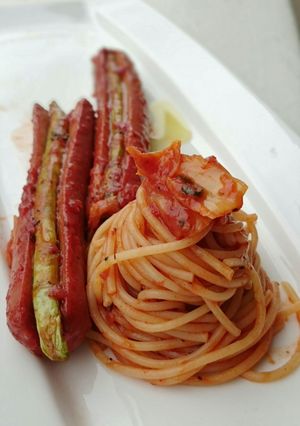 A picture of Hotdog And Green Bean With Kimchi Spaghetti.