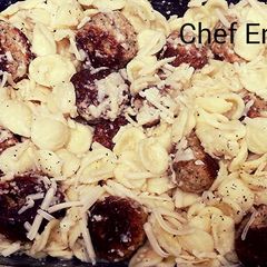 A picture of Orecchiette with mini chicken meatballs.