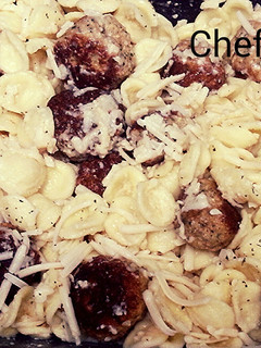 A picture of Orecchiette with mini chicken meatballs.