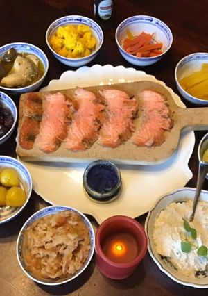 A picture of California Farm made Sour Cream, Cold Smoked Salmon and Potato Poffertjes.