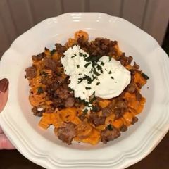 A picture of Vodka Sauce Pasta with Burrata and Chorizo.