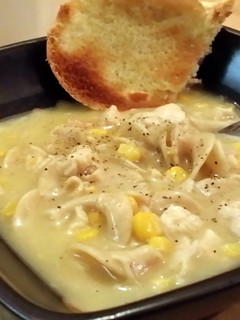 A picture of low calorie - quick creamy chicken noodle soup.