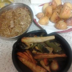 A picture of Tenderloin Pork in Mustard Sauce and Roast Veg.