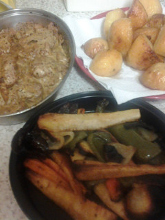 A picture of Tenderloin Pork in Mustard Sauce and Roast Veg.
