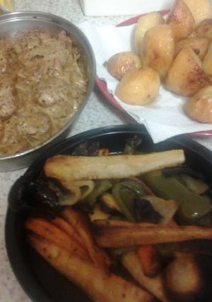 A picture of Tenderloin Pork in Mustard Sauce and Roast Veg.
