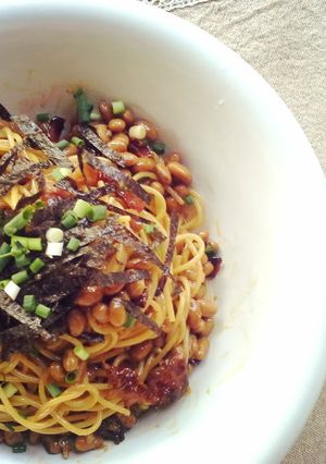 A picture of Natto Pasta (Cabonara Style).