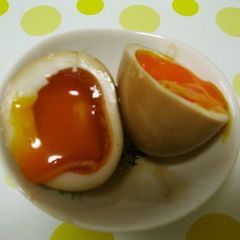 A picture of Soft-Set Seasoned Eggs with Okonomiyaki Sauce.