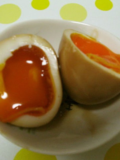 A picture of Soft-Set Seasoned Eggs with Okonomiyaki Sauce.