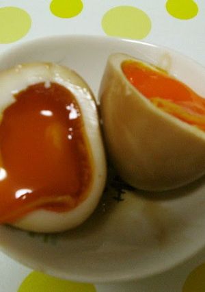 A picture of Soft-Set Seasoned Eggs with Okonomiyaki Sauce.