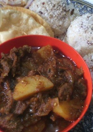 A picture of Beef and topiaco curry with rice coconut cakes.