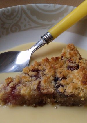 A picture of Vickys Cherry Frangipane-Streusal Cake, GF DF EF SF.