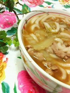 A picture of Easy Kimchi Udon Noodles with Chinese Cabbage and Pork.