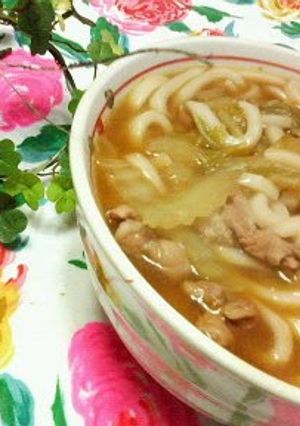 A picture of Easy Kimchi Udon Noodles with Chinese Cabbage and Pork.