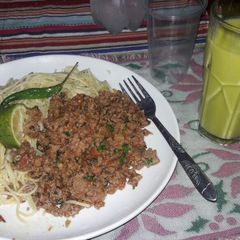 A picture of Minced meat with spaghetti.