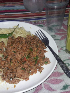 A picture of Minced meat with spaghetti.