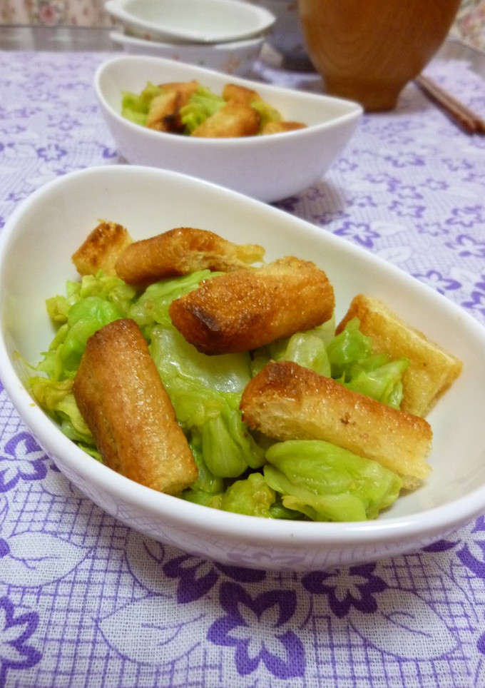 A picture of Spring Cabbage and Aburaage with Mustard Soy Sauce.