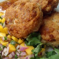 A picture of Vickys Coconut Prawn Patties with Mango Salsa, GF DF EF SF NF.