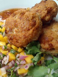 A picture of Vickys Coconut Prawn Patties with Mango Salsa, GF DF EF SF NF.