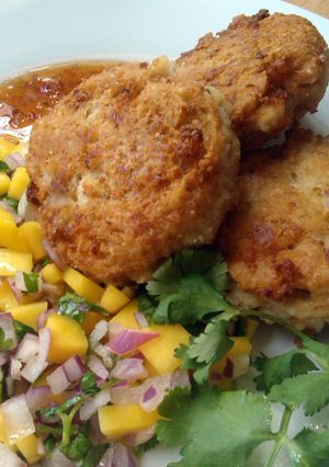 A picture of Vickys Coconut Prawn Patties with Mango Salsa, GF DF EF SF NF.