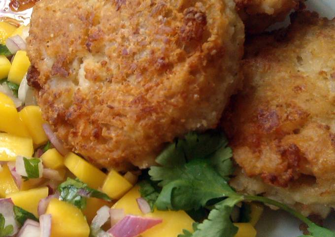 Vickys Coconut Prawn Patties with Mango Salsa, GF DF EF SF NF