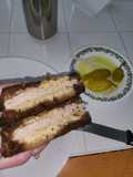 Fried Turkey and cheese sandwich on marble rye