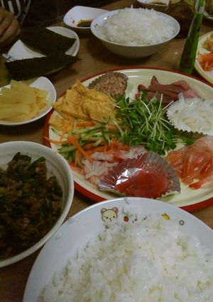 A picture of My Family's Hand-Rolled Sushi with Just A Bit of Sashimi.