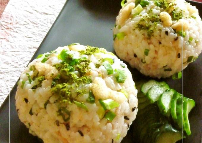 Wasabi-Flavored Rice Balls with Tempura Crumbs, Sesame Salt, and Green Onions