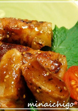 A picture of Pork-Wrapped Daikon Radish with Yakiniku Sauce.