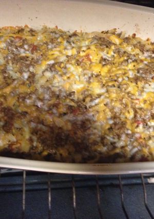 A picture of Lisa's Cheesy Beef ranch Hashbrown Casserole.