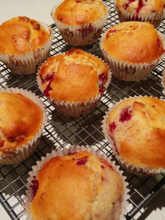 A picture of Raspberry and white chocolate muffins.