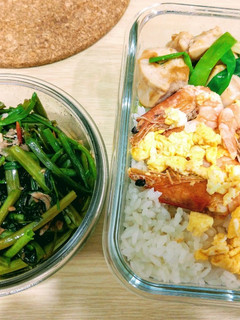 輕鬆做便當(蔥爆雞丁、蝦子炒蛋) 的食譜成品照片