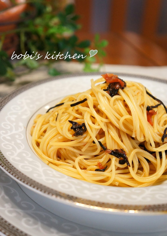 A picture of Simple Pasta Tossed With Umeboshi and Shio-kombu.
