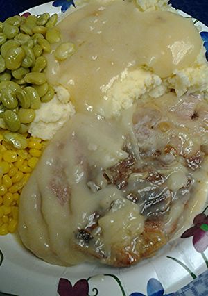 A picture of Smothered porkchops.