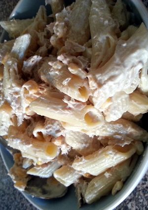 A picture of simple cold tuna pasta salad.