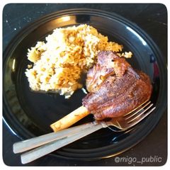A picture of Lamb Leg and Rice.